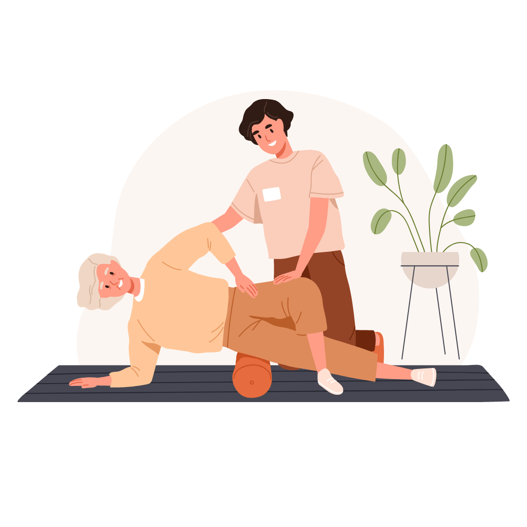 Illustration Frau macht Hüftübungen mit Therapeuten